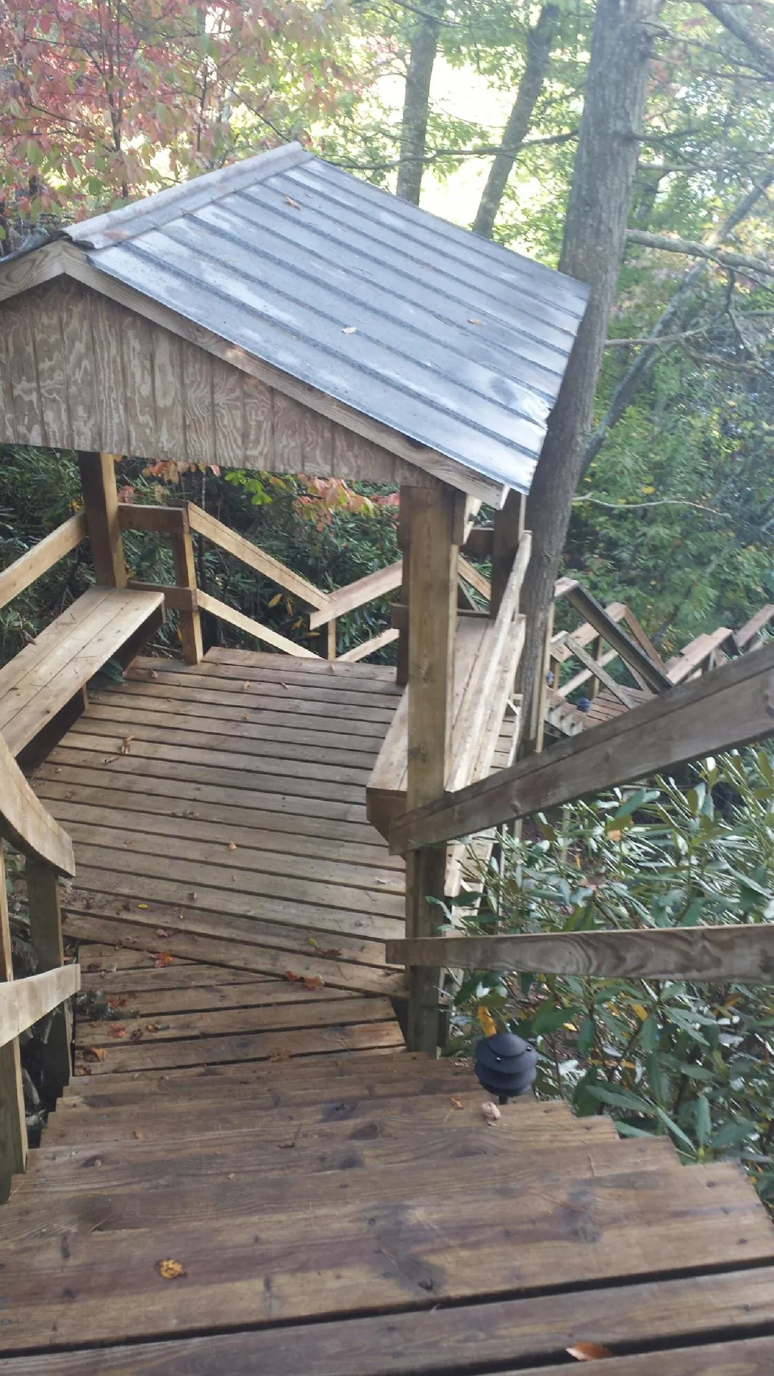 Metal roofed shelter over wooden steps on a wooded walkway — Skylight Repair & Installation work by our crew in Arnaudville